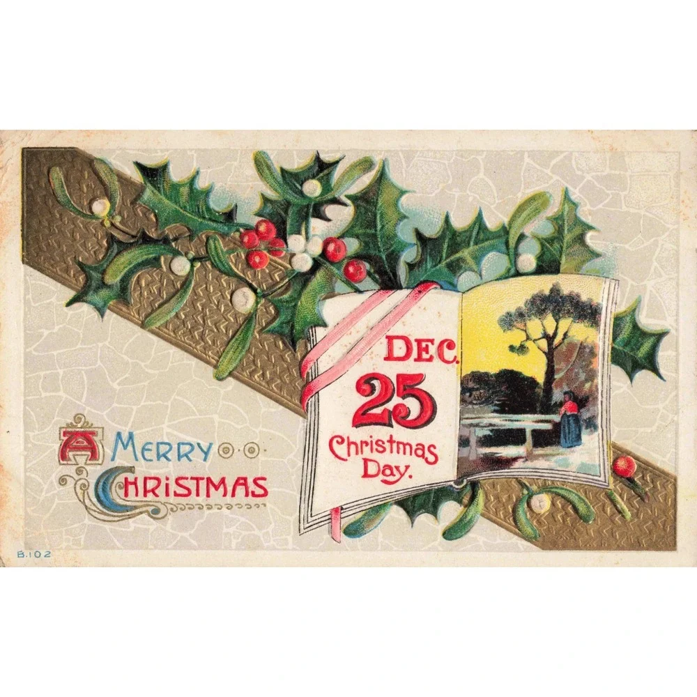 Vintage 1912 Embossed Christmas Postcard Holly Mistletoe Union NY Postmark B.102